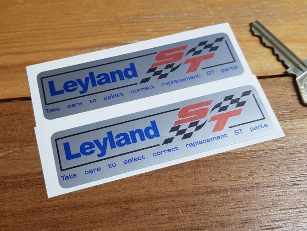 British Leyland Red ST Silver Stickers. 4" Pair.