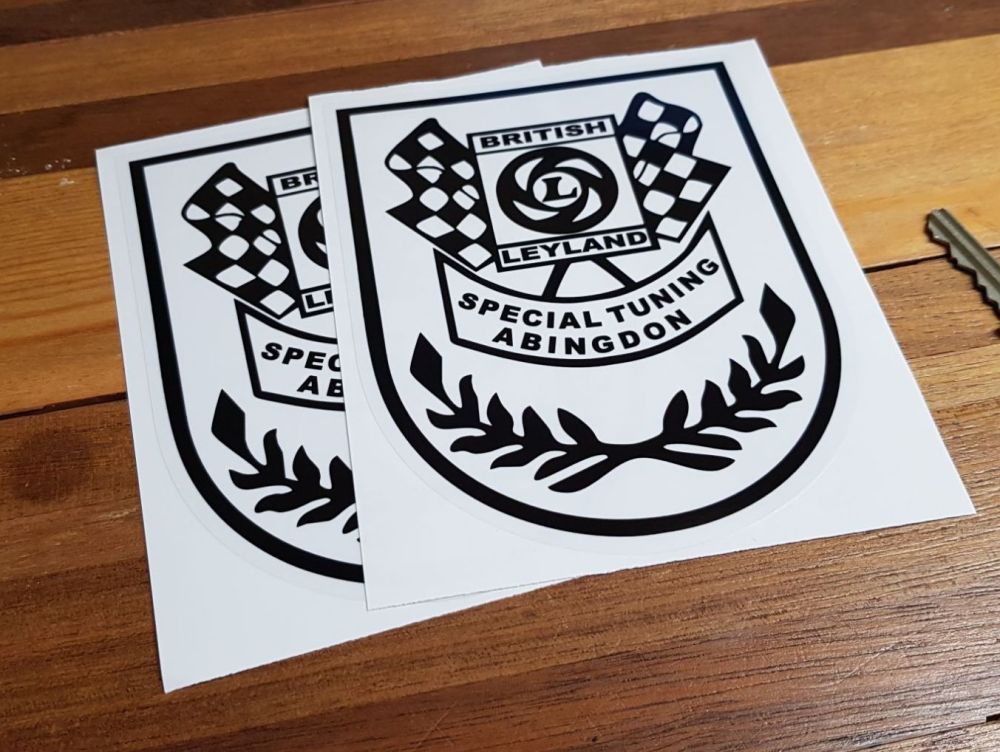 British Leyland Special Tuning Abingdon Black & Clear Shield Stickers. 4" or 5.5" Pair.