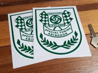 British Leyland Special Tuning Abingdon Green & White Shield Stickers. 5.5" Pair.