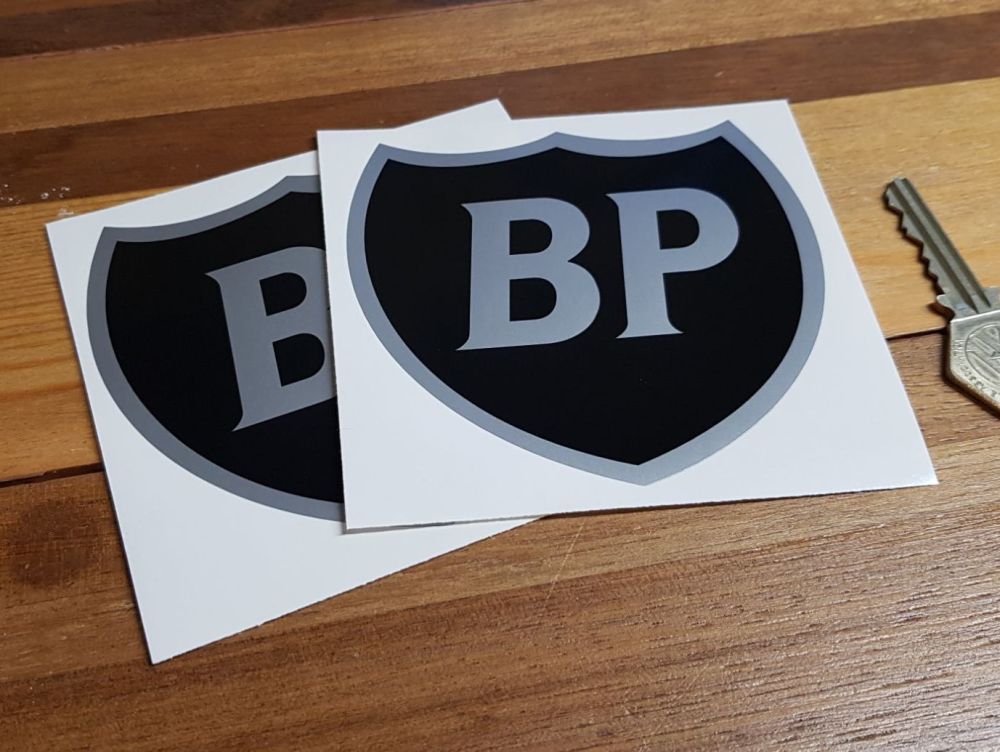BP Black & Silver Shield Stickers. 4" Pair.