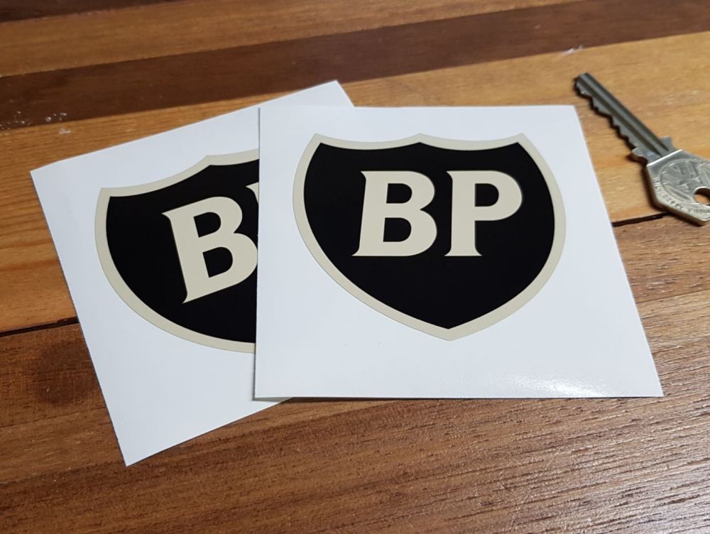 BP Black & Beige Shield Shaped Stickers. 3" Pair.