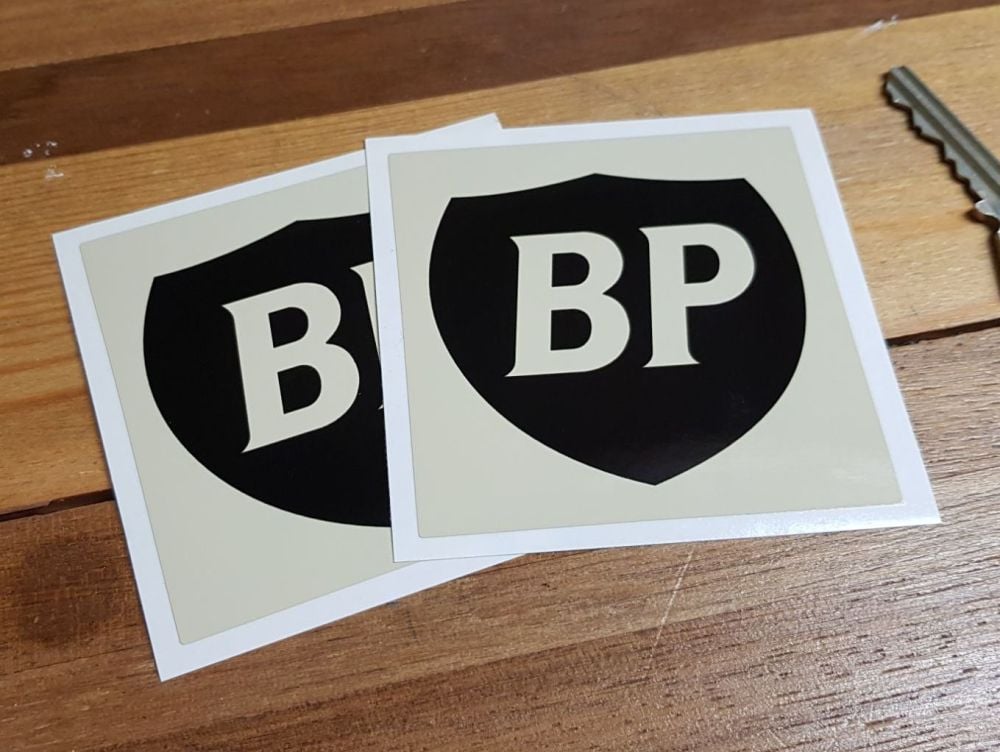 BP Black & Beige Shield in Beige Square Stickers. 3" Pair.