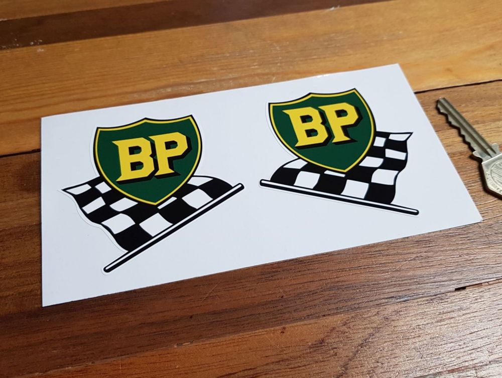 BP Pre '58 Style Shield & Chequered Flag Stickers. 3" or 6" Pair.