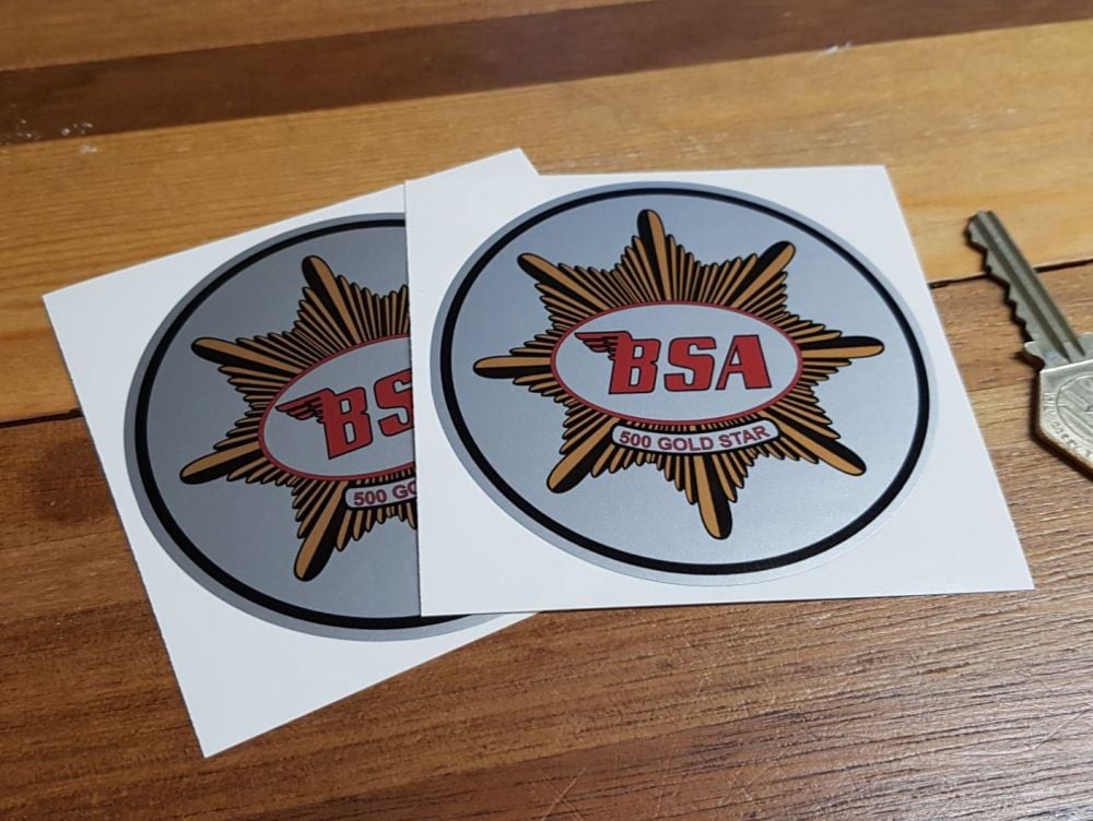 BSA '500 Gold Star' Circular Stickers. 3.5" Pair.