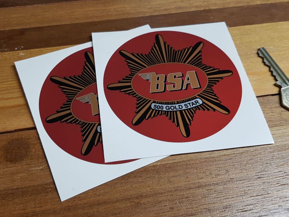 BSA '500 Gold Star' Red Circular Stickers. 4" Pair.