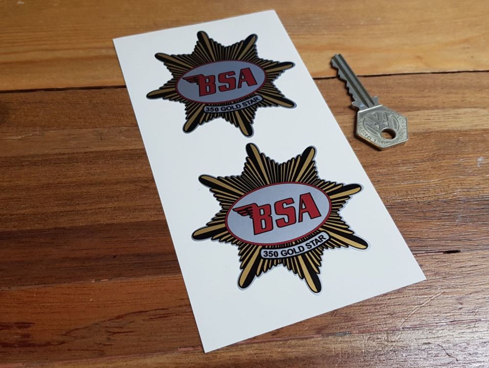 BSA '350 Gold Star' Shaped Stickers. 3" Pair.