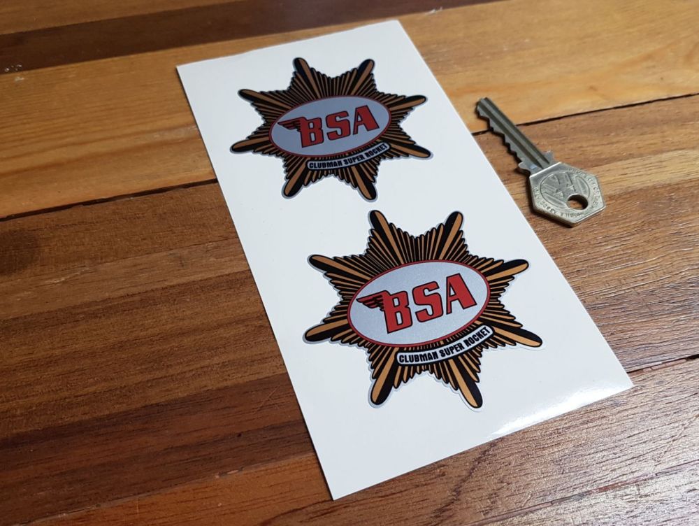 BSA 'Clubman Super Rocket' Star Shaped Stickers. 3" Pair.