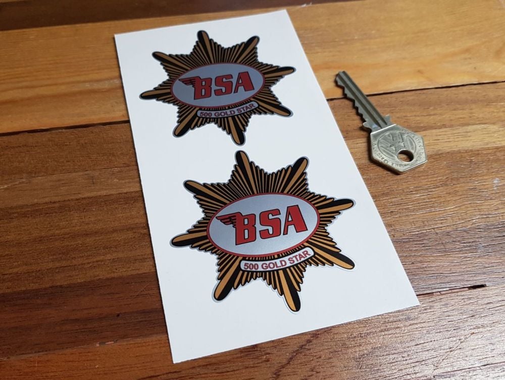 BSA '500 Gold Star' Shaped Stickers. 3" or 4" Pair.