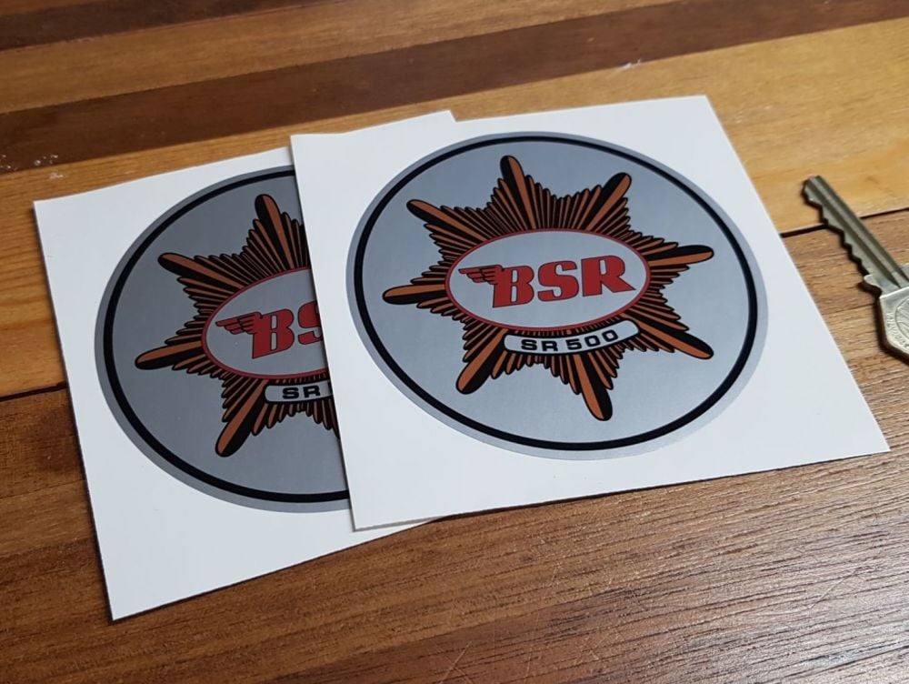 BSA BSR 'SR 500' Circular Stickers. 4" Pair.