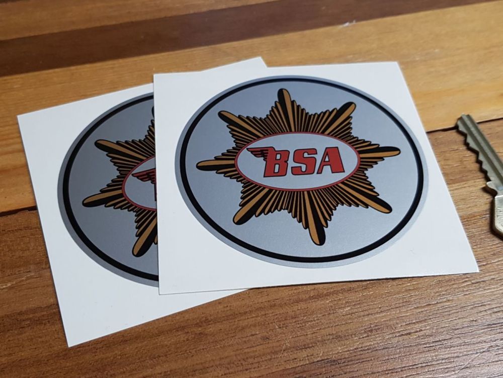 BSA Plain Gold Star Circular Stickers. 3.5" or 4" Pair.