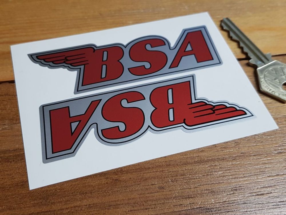 BSA Shaped Red & Silver Stickers. 4" Pair.