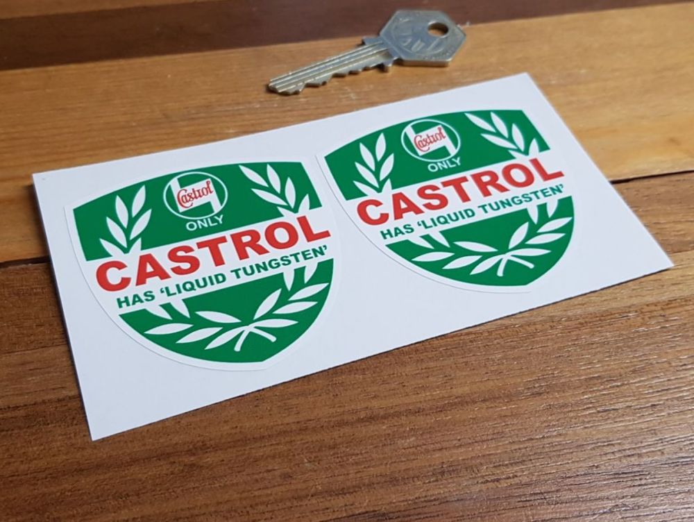 Castrol 'Liquid Tungsten' Shield Stickers. 2.5" Pair.