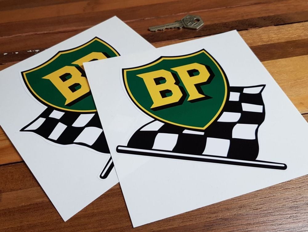 BP Pre '58 Style Shield & Chequered Flag Stickers. 9" Pair.