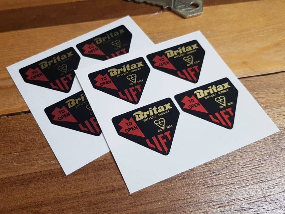 Britax 'Lift to Open' Seatbelt Stickers - Gold Version - BS 0032, 3254 - Set of 4 - 40mm