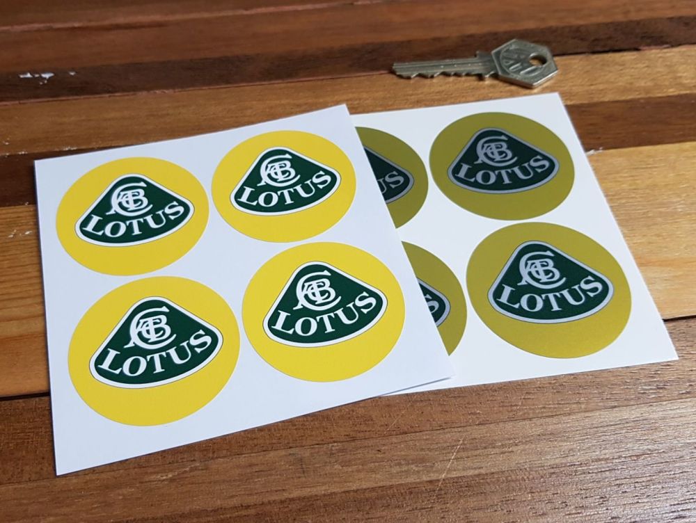 Lotus Coloured Wheel Centre Stickers. Set of 4. 40mm, 45mm, or 50mm.