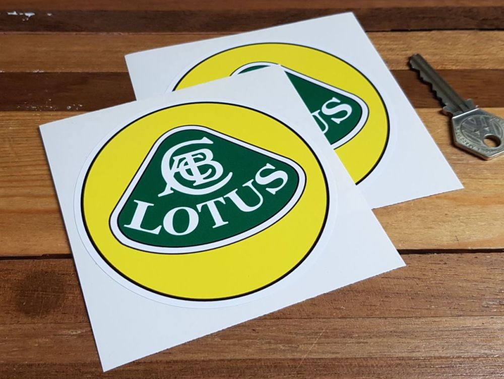 Lotus Yellow, Green & White with Black Line Circular Logo Stickers. 4" Pair.