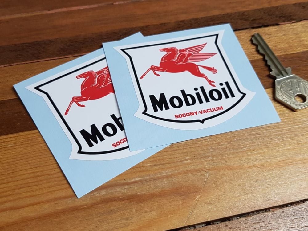 Mobil Mobiloil Socony-Vacuum Shield Stickers. 3" or 4" Pair.