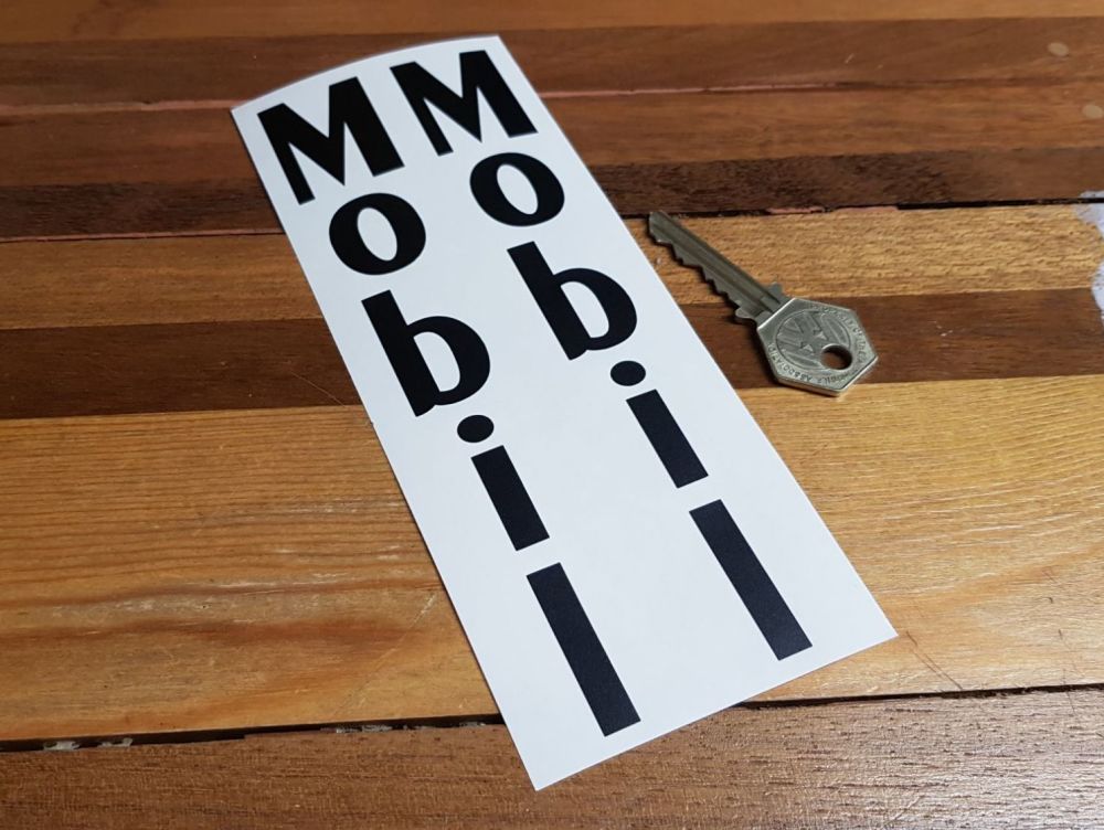 Mobil Old Thinner Style Vertical Cut Text Stickers. 7" Pair.
