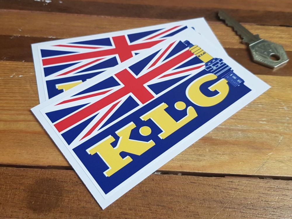 K.L.G Spark Plug and Union Jack Stickers. 4.5" Pair.