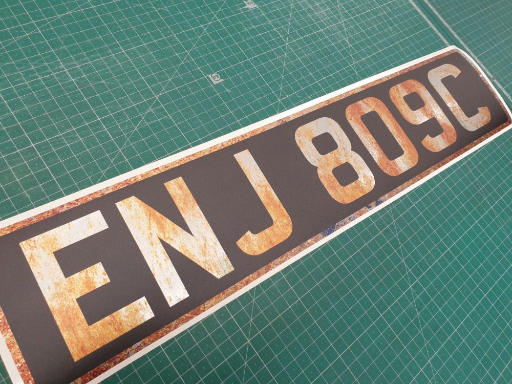  Stick on Number Plate Stickers - Rusty Mandatory Font - UV Printed - 82mm Tall Digits