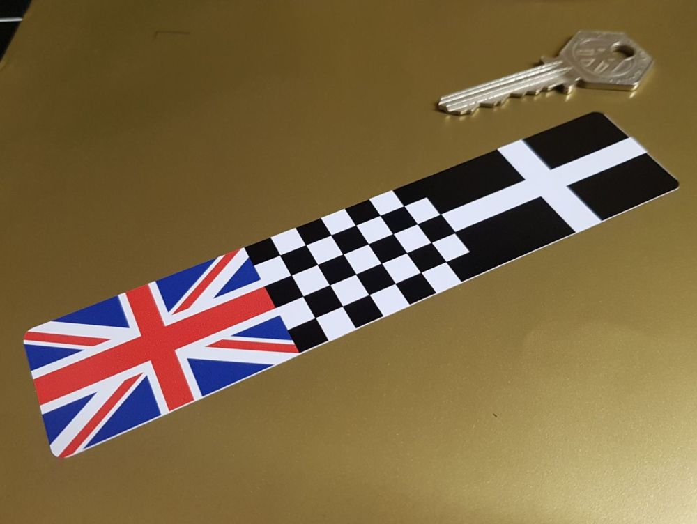 Combination Union Jack, Chequered, & Cornish Kernow Flag Sticker 6"
