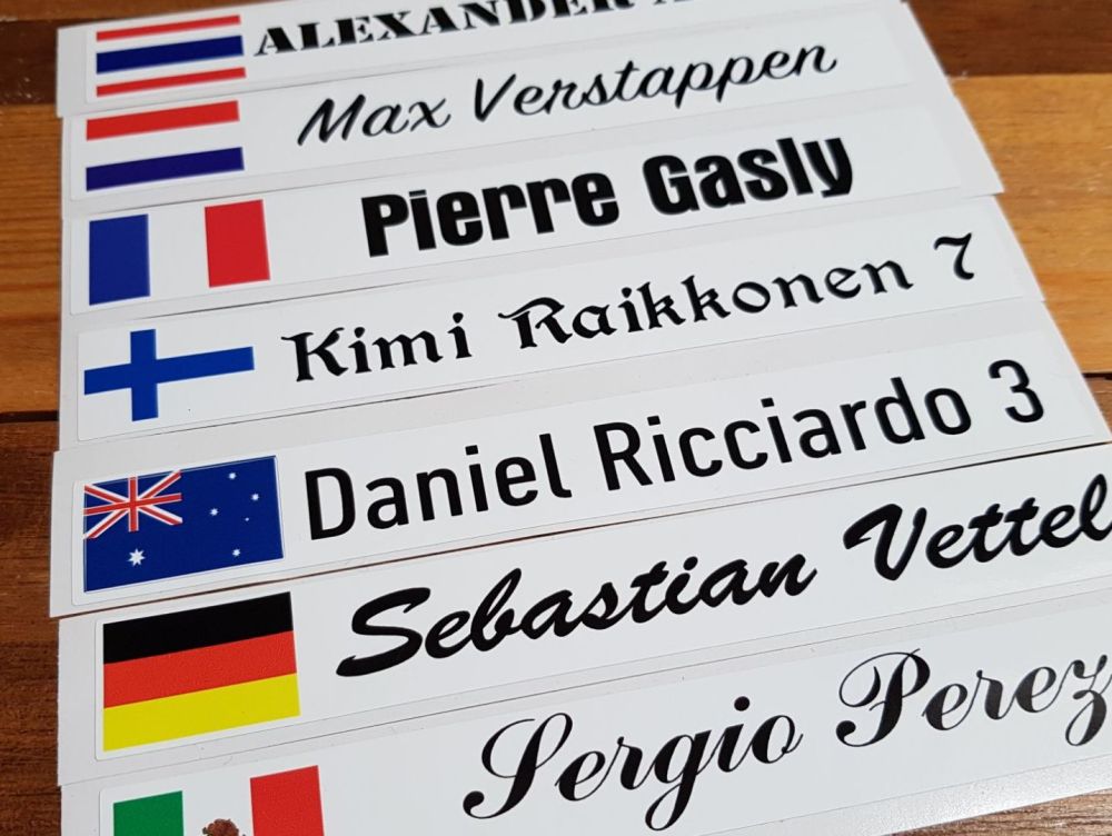 Racing Driver Name & Nationality Personalised Printed Oblong Stickers - Various Fonts - 8" Pair