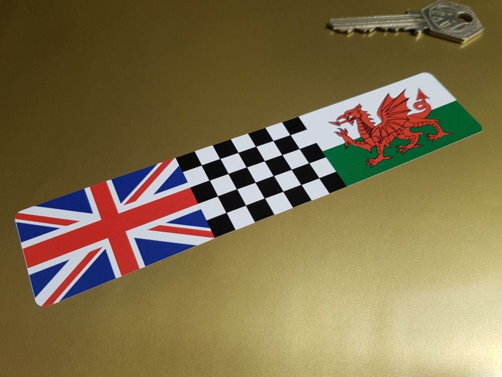 Combination Union Jack, Chequered, & Wales Flag Sticker 6"