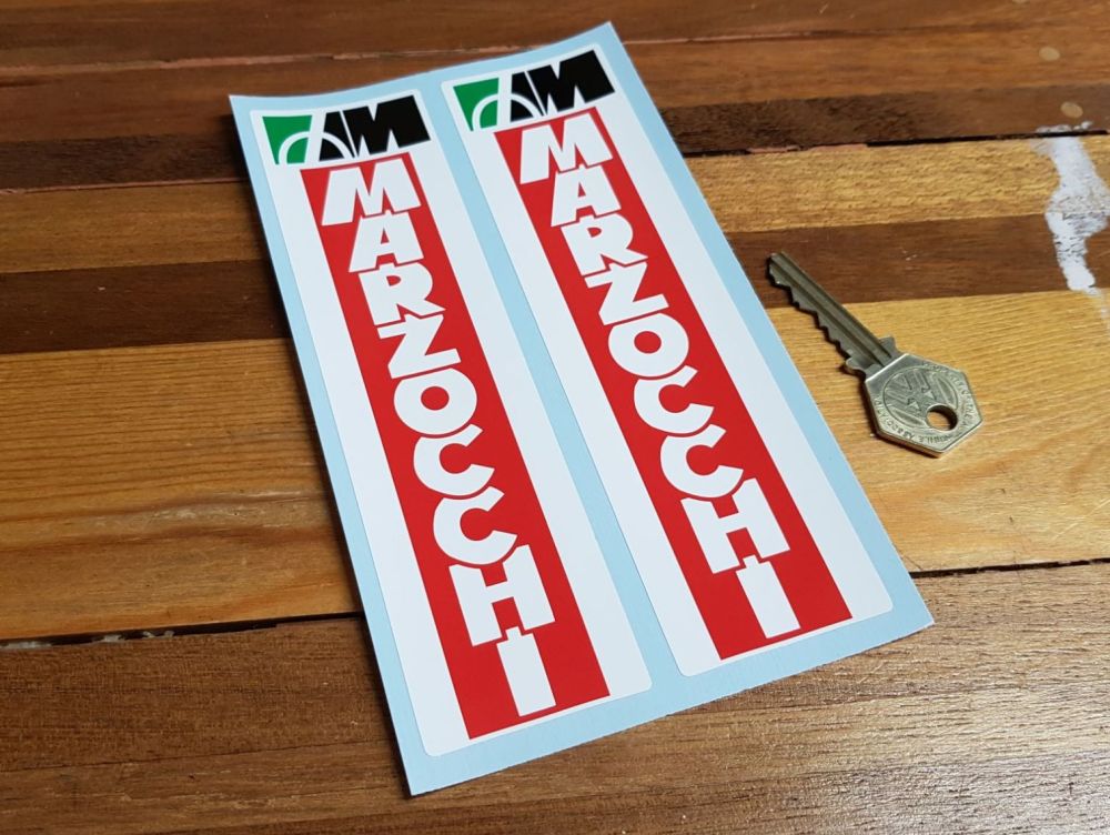 Marzocchi Racing Style White on Red Fork Slider Stickers. 6.75" Pair.