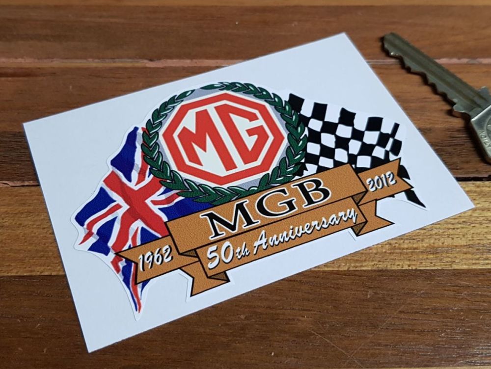 MGB 50th Anniversary Flag & Scroll Sticker. 3.75".