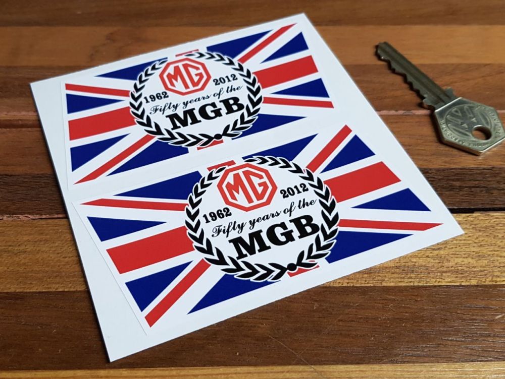 MG Fifty Years of the MGB Union Jack Stickers. 4" Pair.
