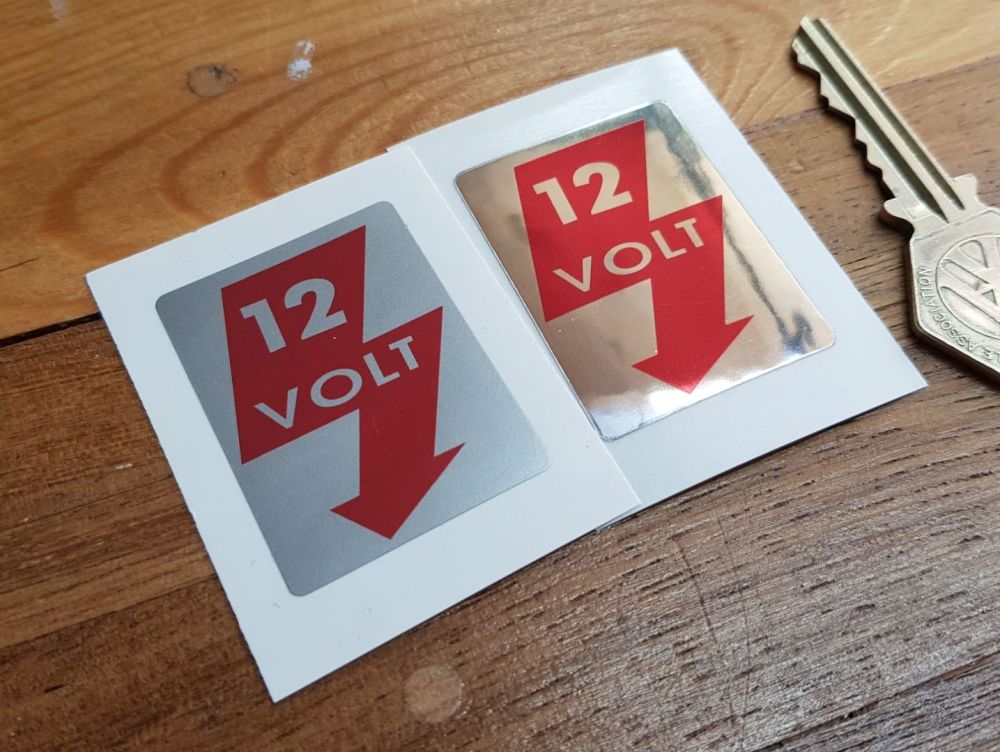 12 Volt Sticker - Red & Silver or Mirrored Foil - 45mm