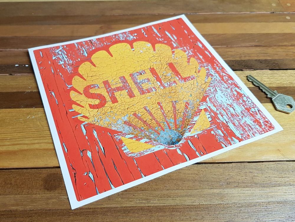 Shell Red Square Distressed Cracked Paint Sticker - 4" or 8"
