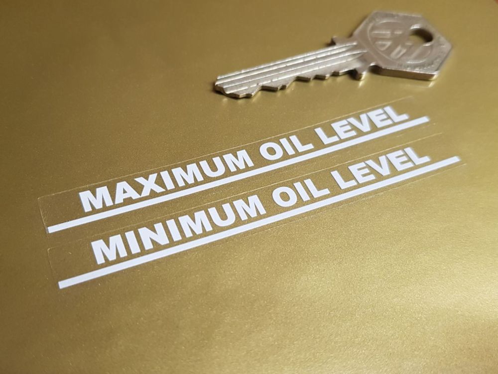 Maximum & Minimum Oil Level White on Clear Indicator Stickers 3.5" Pair