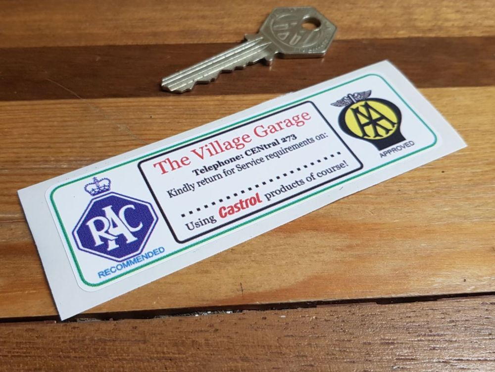 RAC & AA 'The Village Garage' Service Sticker. 4.25".