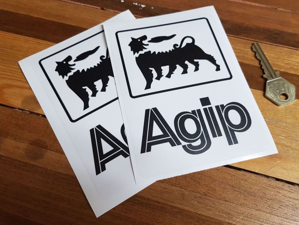 Agip Black & Clear Stickers. 6" Tall Pair.