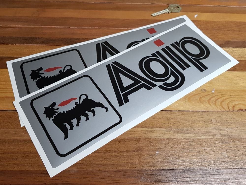 Agip Black & Silver with Red Dot Oblong Stickers. 12" Pair.