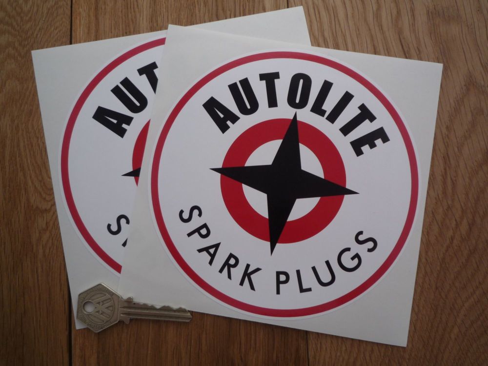Autolite with Black Spark Plugs Text Round Stickers. 3", 4", 5", 6", or 6.5" Pair.