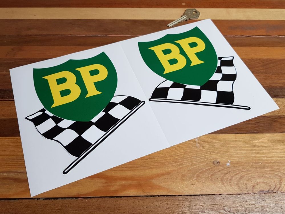 BP '58 - '89 Shield & Chequered Flag No Yellow Border Stickers. 6
