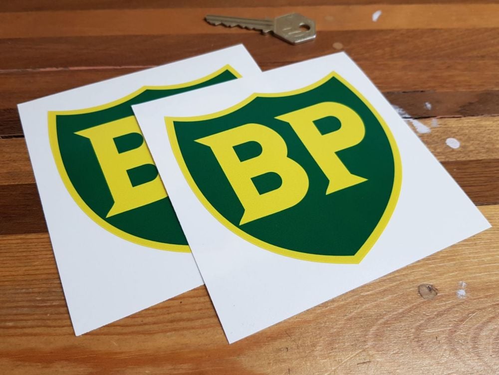 BP '58 - '89 Shield with Yellow Border Stickers. 2", 3", 4" or 6" Pair.
