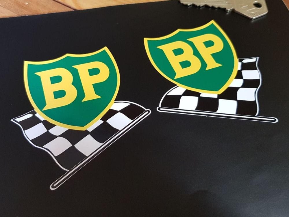 BP '58 - '89 Shield & Chequered Flag with Yellow Border Stickers. Various S