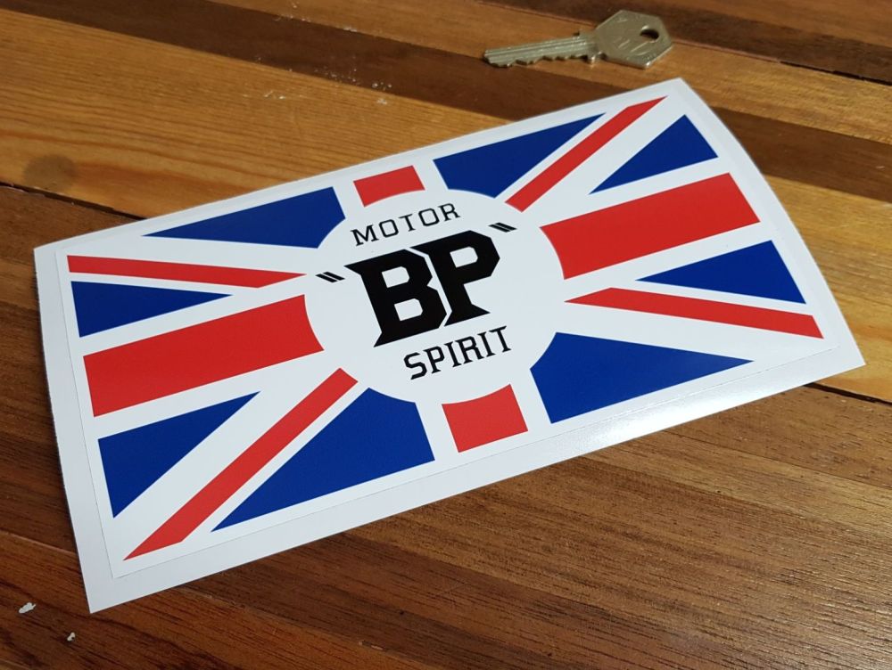 BP Motor Spirit Union Jack Pre-War style Oblong Sticker. 6" or 8".