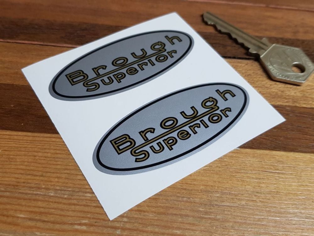 Brough Superior Silver Oval Stickers. 3" Pair.