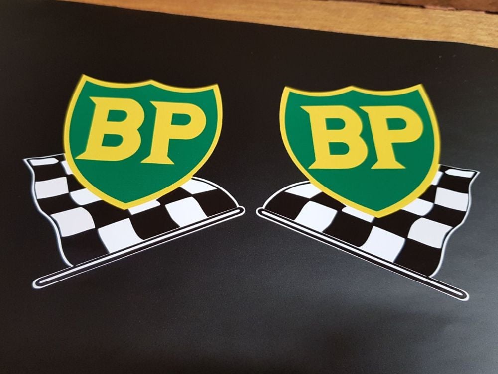 BP '58 - '89 Shield & Chequered Flag with Yellow Border Stickers 9.5" Pair