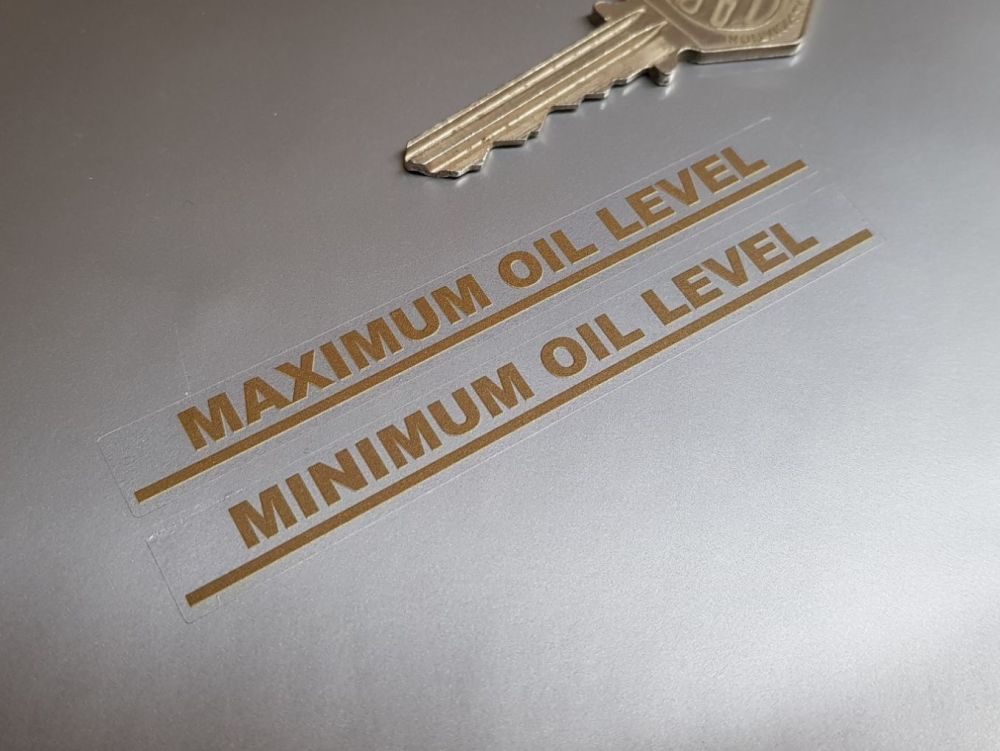 Maximum & Minimum Oil Level Indicator Gold & Clear Motorcycle Stickers 3.5" Pair 