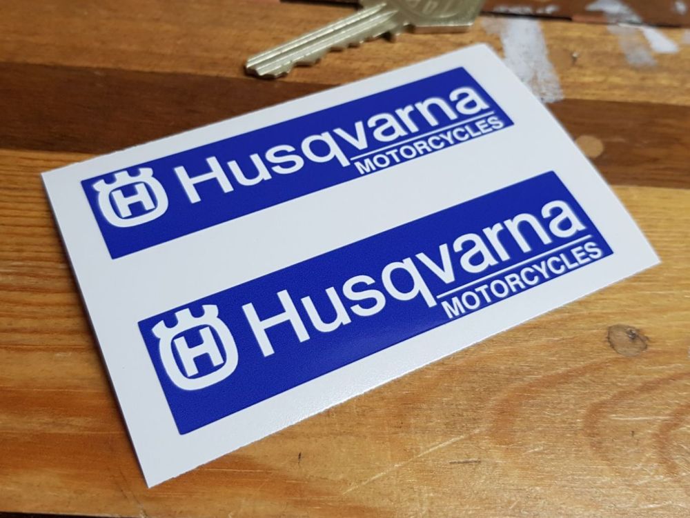 Husqvarna Oblong Stickers - Blue & White - 85mm Pair