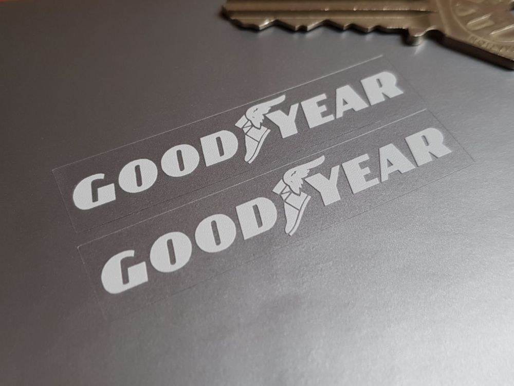 Goodyear White on Clear Oblong Stickers 60mm Pair