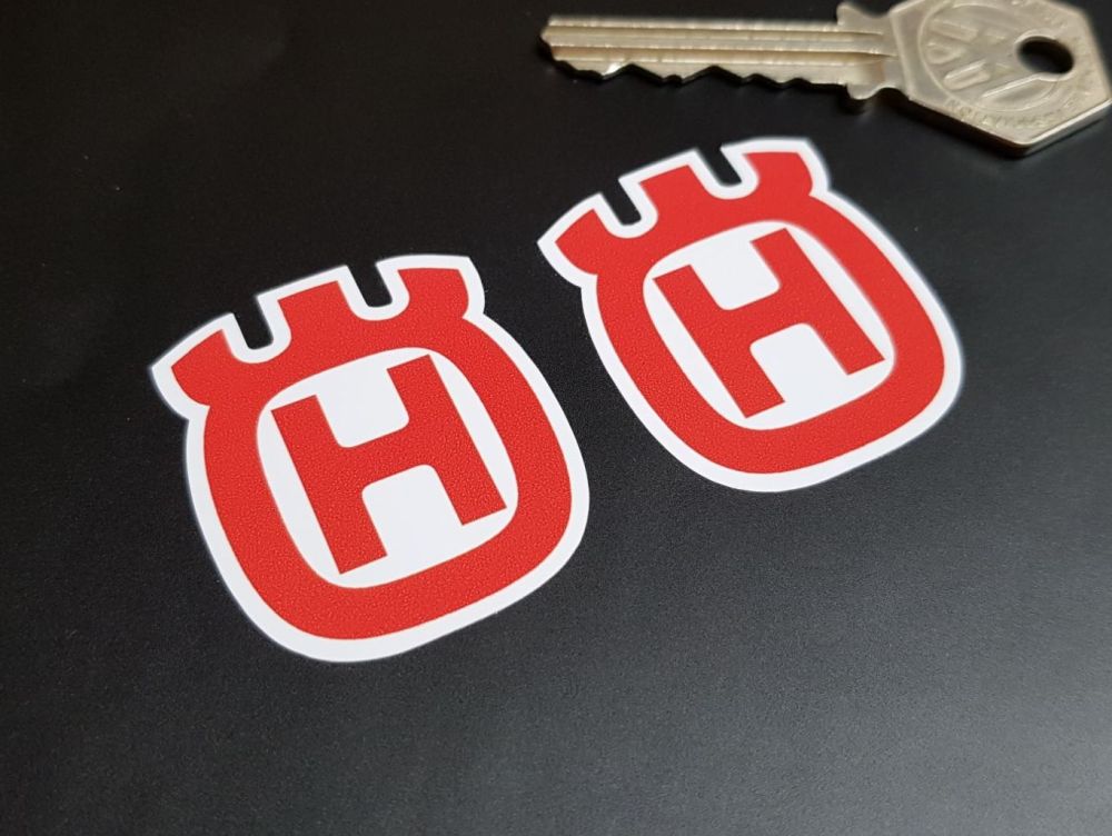 Husqvarna Shaped Logo Stickers - Red & White - 1.5" Pair