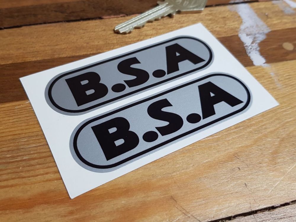 BSA Black & Silver Oval Stickers. 3.5" Pair.