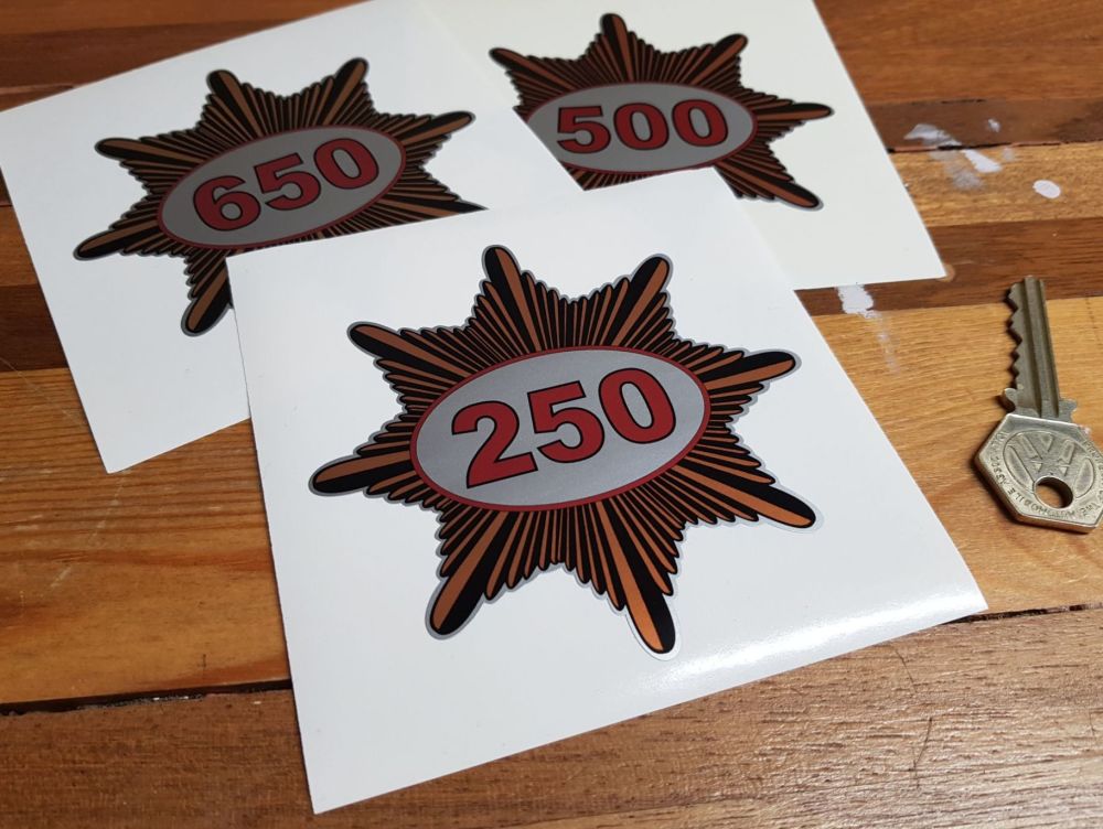 BSA '250', '350', '500', '650' Gold Star Shaped Stickers. 3" or 4" Pair.