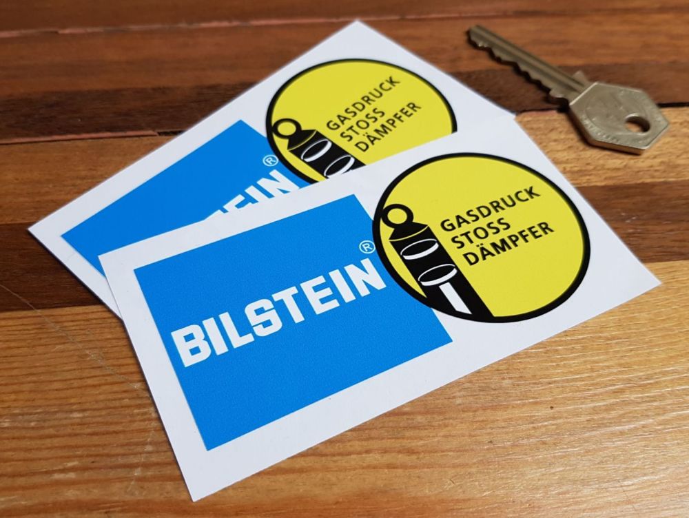 Bilstein German Text Gasdruck Stoss Dampfer Stickers. 4", 7.5", or 9" Pair.